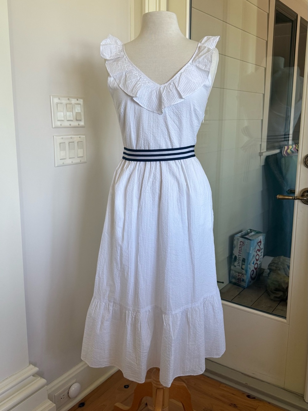 Vineyard Vines White Midi Dress with Navy Striped Waist